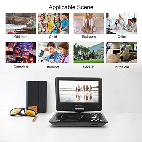 9"Portable DVD Player for Kids - TEKITSFUN 180°Swivel Screen 5 Hours Built-in Rechargeable Battery, SD/USB Port, Portable CD Player with Remote Control- Black (Valentine's Day Gifts)