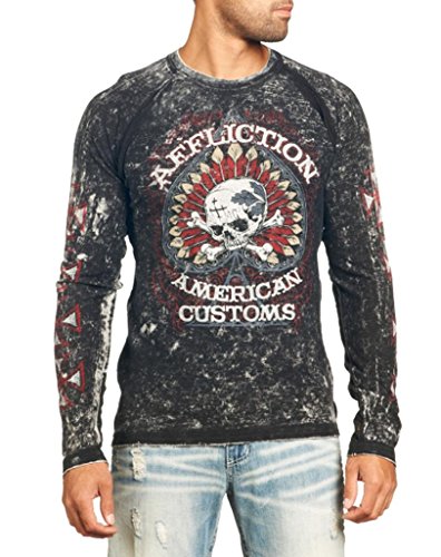 Affliction Men Reversible Thermal Shirt Long Slvs Skull in Black Grey Lava Wash