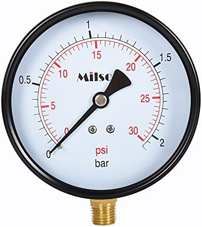 Milson Pressure Gauge, 4" Black Steel Case, Bottom Mount, 1/4"NPT, 0+30 Psi/Bar, Accuracy: +/-2.0, Brass Internal, Multiple Function