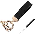 Kewucn Genuine Leather Car Keychain, Universal Heavy Duty Metal Auto Key Fob Holder with Anti Lost D-Ring for Men Women （Golden-Black）