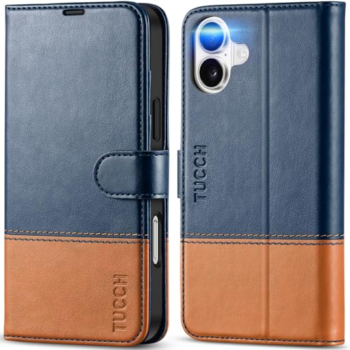 TUCCH Wallet Case for iPhone 16 Plus, RFID Blocking [4 Card Slots] TPU Interior Protective Case, Magnetic Folio Shockproof PU Leather Stand Flip Cover Compatible with iPhone 16 Plus, Blue&Brown