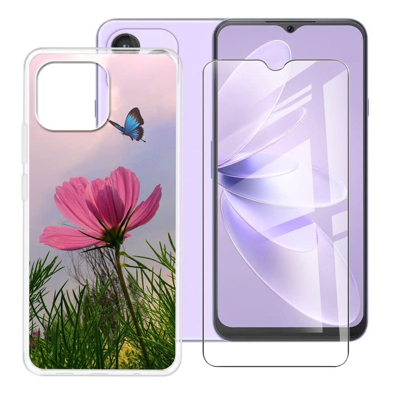 BUNAL for Cubot P80 (6.58") Phone Case + Screen Protector, Clear Silicone Case, Shockproof Slim Non-Slip Protective Case-Flowers of the grass