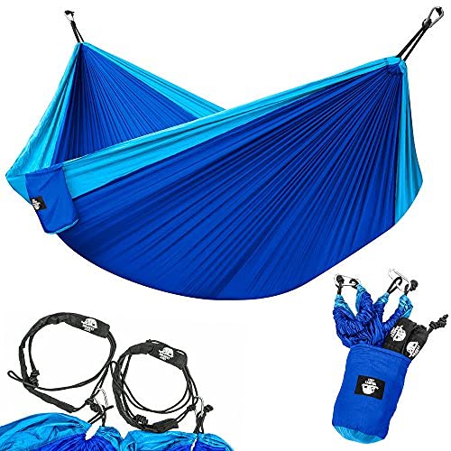 Legit Camping Double Hammock with Nylon Straps and Steel Carabiners - Light Blue/Blue