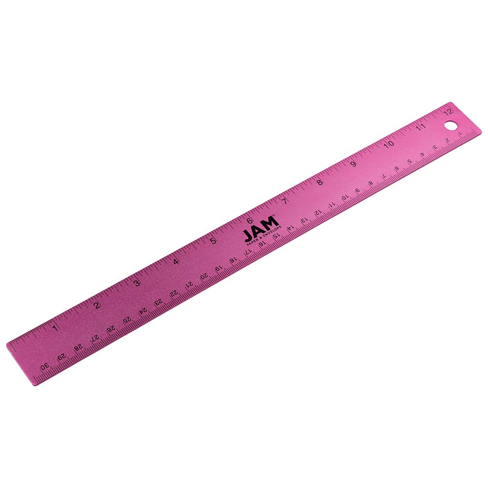 JAM PAPER Stainless Steel Ruler - 30.48 cm/12 inch - Metal Ruler with Non-Skid Cork Backing - Fuchsia Metallic - Sold Individually