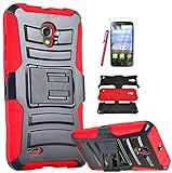 Alcatel One Touch Pop Icon 2 LTE A846L Armor Case, The3Knights[TM] Armor Shock Proof Heavy Duty Stand Cases with Swivel Belt Clip Cover + Stylus + Premium Screen Guard (RED)
