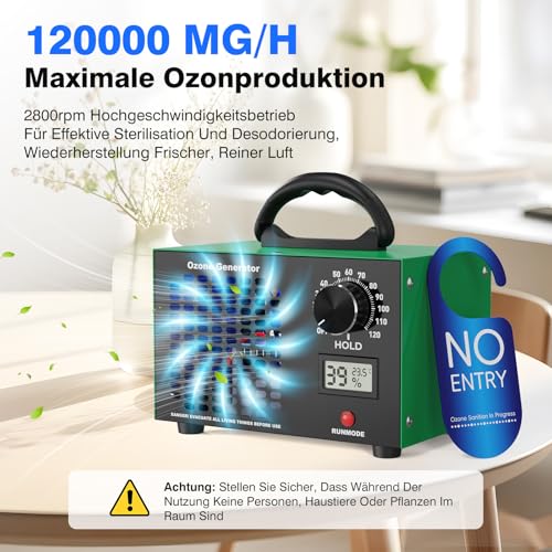 Ozone Generator 120,000 mg/h Ozone Device - 2-in-1 Ozone Air Purifier, 120 Minute Timer, with Temperature and Humidity Display, Ozoniser Industrial O3 for Car, Home, Hotels, Kitchen and Pet Odours