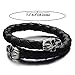Elastic Adjustable Men's Black Braided Leather Wrap Bracelet Wristband with Steel Skull Silver Black