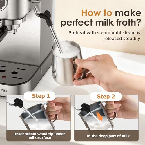 Spacekey Espresso Machine with Milk Frother, 20 Bar Compact Expresso Coffee Machines for Home, Stainless Steel Espresso Maker with 39oz Removable Water Tank for Cappuccino Latte, Fast Heating, Silver