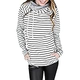 Double Hooded Sweatshirt Stripe Funnel Neck Banded Bottom Casual Hoodies Cotton Pullover For Women