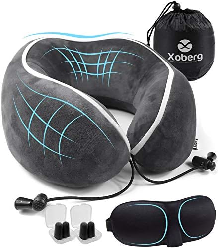 Travel Pillow for Airplanes - Pure Memory Foam Travel Pillows for Head, Neck & Chin Support for Airplane, Car, Train & Home - Essentials Included - Sporty Bag, Sleep Mask and Ear Plugs