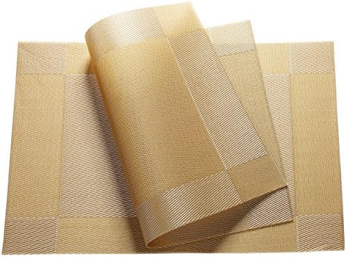 YKALF Home Decor Set Of 4 PVC Placemats For Dining Table,Heat Insulation Stain-resistant Placemat,Woven Vinyl Place Mats For Kitchen,Dining Room,Gold Table Mats.
