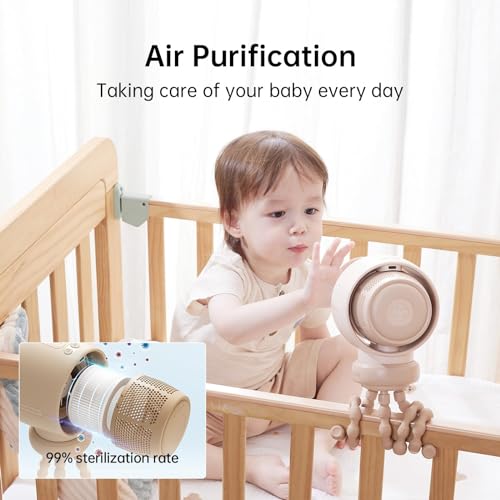 TERRIFI Portable Baby Stroller Fan, Small Battery Operated Car Seat Fan with 5 Speeds, Air Purify and Enhance Tech, Bladeless Fan, Food-Grade Gifts Fan for Outdoor, Treadmill, Golf, Brown