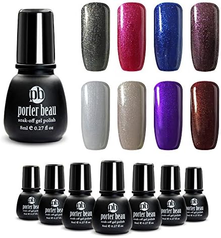 Porter Beau 8 Pcs/Set Mixed Glitter Colors Soak Off UV Led Lamp Gel Nail Polish Collection Minis Natural Resin Long Lasting Purple Silver Brown Nail Art 8x8ml
