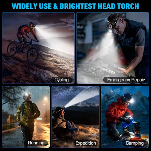 ET Head Torch Rechargeable, Super Bright 100000 LM LED Headlamp with 5 Modes & 30 Hours Runtime & IPX7 Waterproof & 120°Adjustable & Zoomable,Red Warning Headlight for Running Hiking Fishing Cycling
