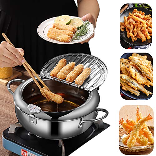 Tempura Frying Pot, Japanese Style 304 Stainless Steel Deep Fryer Pan With Thermometer,Lid And Oil Drip Drainer Rack for Turkey Legs, Chicken Wings, French Frise (24cm/9.4inch)