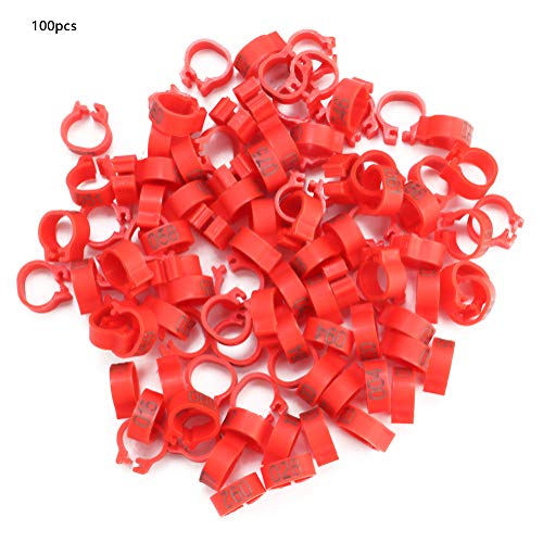 Vogelbeinbänder Ringe, 100PCS/Beutel 8MM Plastikbuchstabentaube Vogelbeinbänder Ringe 001-100 Nummerierte Geflügelbeinbänder Robuster Clip-On-Ring für Bird Chicks Ducks Chicken(rot) – Bild 5