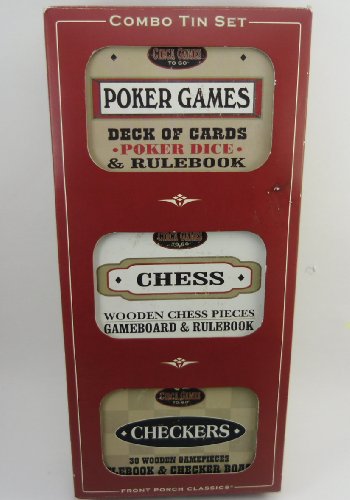 Front Porch Classics Circa Compact Combo Tin Set of 3 Games -Checkers-Chess-Poker Games with Tins