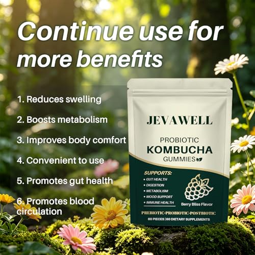 JEVAWELL Kombucha Gummies, Supports Digestive Health & Gut Balance, Daily Wellness Formula, 60 Gummies