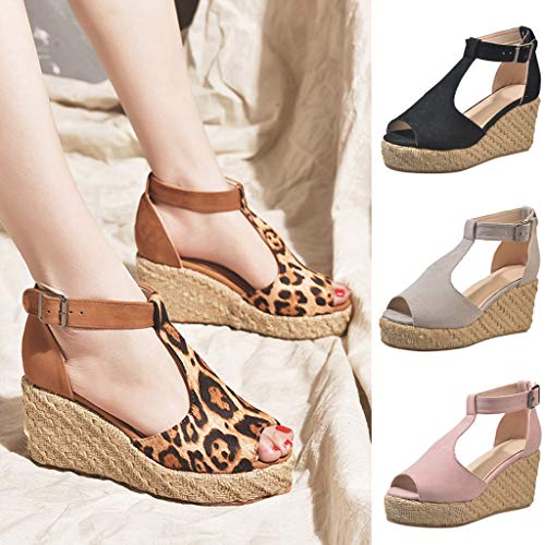 Respctful ✿Wedge Sandals for Women Casual Clip Toe Leopard Print Toe Ankle Strap Buckle High Heel Peep Toe Shoes Brown - Thumbnail 5