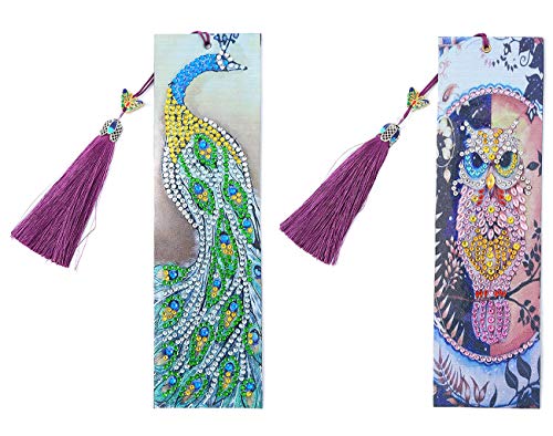 Umbresen Leather Bookmark DIY 5D Special Shaped Diamond Painting by Number Kits,Beaded Tassel Book Marks Art Craft Mosaic Making Gifts for Christmas, Thanksgiving, New Year, Birthday (Set B-2 pcs) - Thumbnail 6
