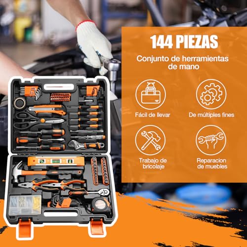 Juego de Herramientas de 144 En 1,Kit de Herramientas Manuales Portátiles con Caja de Herramientas,Set de Herramientas Mecánicas para Reparaciones Diarias y DYI