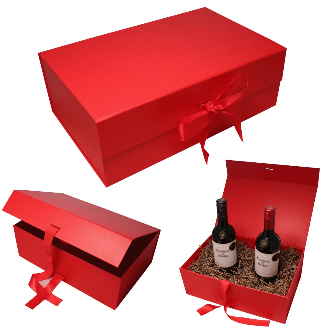 Large Luxury Gift Box for Presents Size 33x22x11cm, Magnetic Gift Box with Tissue Paper Birthday Wedding Bridesmaid Groomsman Anniversary Valentines Baby Gift (Red with Ribbon)