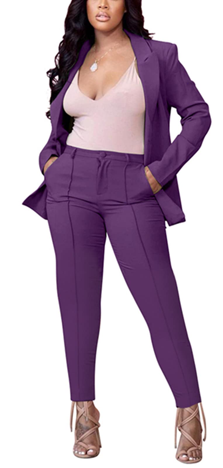Photo 1 of *MISSINGN BUTTON* Women's 2 Piece Outfit Deep V Long Sleeve Solid Color Blazer with Pants Elegant Business Suit Sets Purple