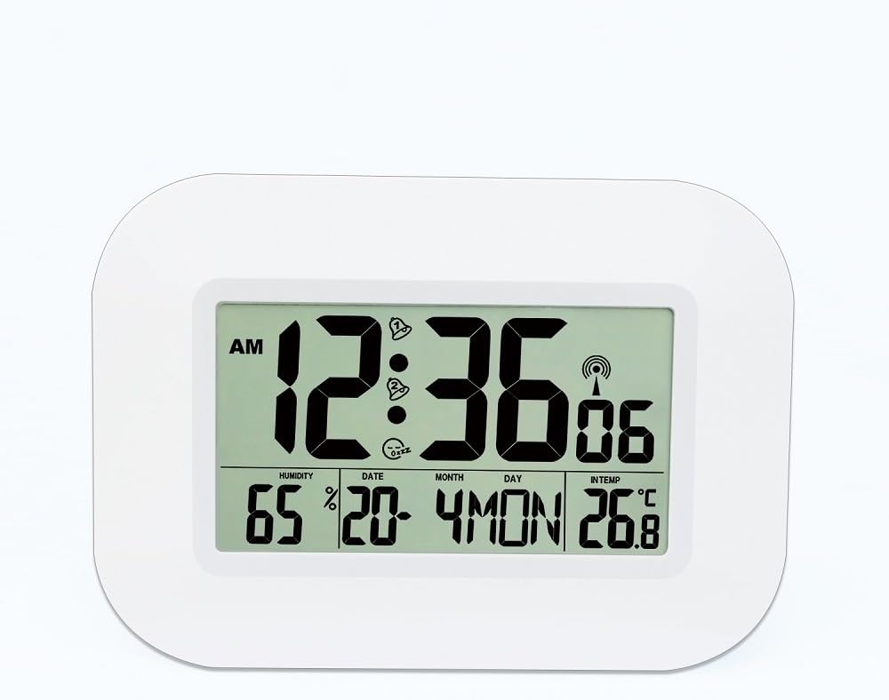 Lcd Xl Large Uk Ireland Radio Controlled Jumbo Digital Wall Clock Table Desktop With Day Date Month 12 24 Hour Dual Alarm Snooze Humidity Temperature White Amazon Co Uk Kitchen Home
