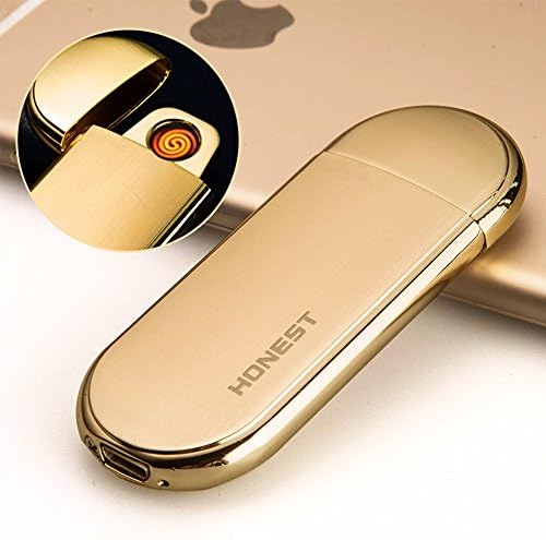 Ultra-thin Electronic Coil Lighter Portably USB Rechargeable Stainless Steel Case Cigarette & Cigar Lighter Tungsten Wire Lighter with Shake Gravity Sensor Ignition (Gold)