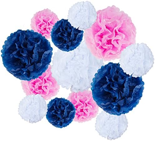 VIDAL CRAFTS 15 Pcs Party Tissue Paper Pom Poms Kit (14 inch, 10 inch, 8 inch, 6 inch Paper Flowers) for Baby Shower, Birthday, Nursery, Wedding Decorations - navy blue, pink, white