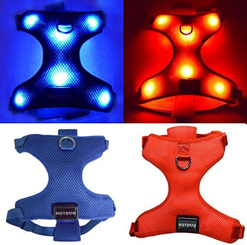 HOTDOG USB Rechargeable LED Dog Harness. Soft Mesh Harness No Pull Lighted Safety Harness. Increased Visibility &amp; Safety Over LED Dog Collar. (Medium (Neck: 14” – 17” / Chest: 19” – 29”), Red)