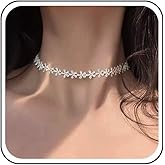 Aneneiceera Vintage White Lace Flower Choker Necklace Scalloped Daisy Lace Choker Necklaces Retro 90s Collar Necklaces Punk Tattoo Choker Necklace Short Plain Fabric Necklace Jewelry for Women
