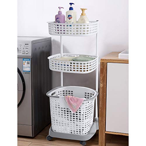 Jekiyo 3 Tier Rolling Laundry Basket, Sorter Storage Trolley Shelves