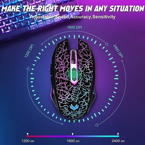 Wireless Gaming Mouse, Rechargeable Wireless Computer Mouse, 7-Color LED Light, Ergonomic Mouse with 6 Silent Click Buttons, 3 Adjustable 2400 DPI Wireless Mouse for Laptop,PC,Mac, Black