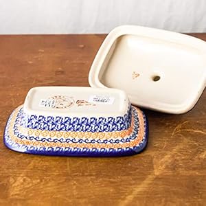 Polish Pottery, Handpainted and Handcrafted Butter Dish with Lid ― Blue Flowers Artistic Pattern (A506)