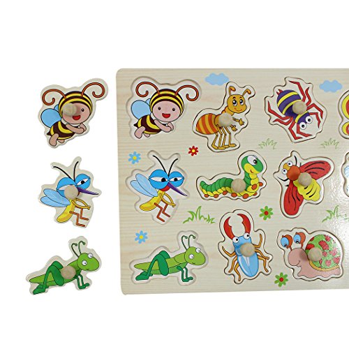 SIPLIV Wooden Pegged Puzzles Jigsaw Puzzle for 2 to 5 Years Old Kids, Home Learning Preschool Early Education Development Toys and Games, Insects