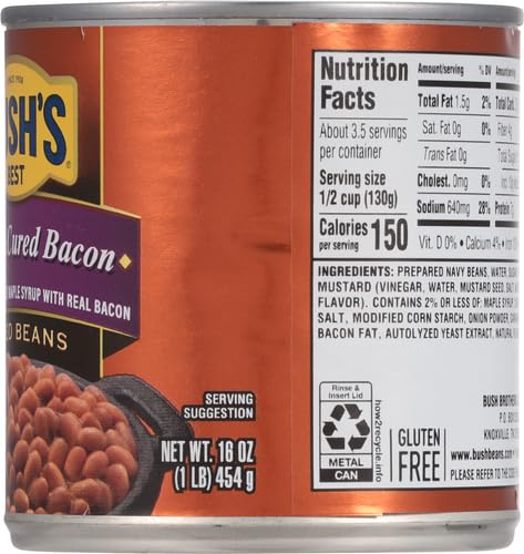 BUSH’S CANNED MAPLE CURED BACON BAKED BEANS (PACK OF 1), PROTEIN, GOOD SOURCE OF FIBER, LOW FAT, GLUTEN FREE, 16 OZ