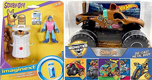 Hiding Scooby-Doo! Hot Wheels Jam Truck + Action Figure Monster Set Zoinks! Funland Park Robot & Sticker Pack Bundle