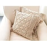 KELONG 1pcs Macrame Pillow Cover Bohemian Farmhouse Woven Pillow Cases with Tassel Handmade Soft Cushion Case for Home Sofa Bed Living Room Chair 18"x18"