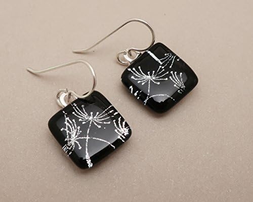 Petite fireworks sparklers silver black fused dichroic glass dangle earrings .925 Sterling ear wires