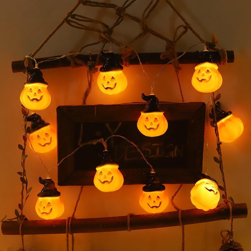 Halloween Lichterkette, 3 Meter 20 LED Halloween Deko Indoor, Hut Kürbis Lichterkette Deko für Innen und Außen, Party, Garten, Festen(Warmweiß)