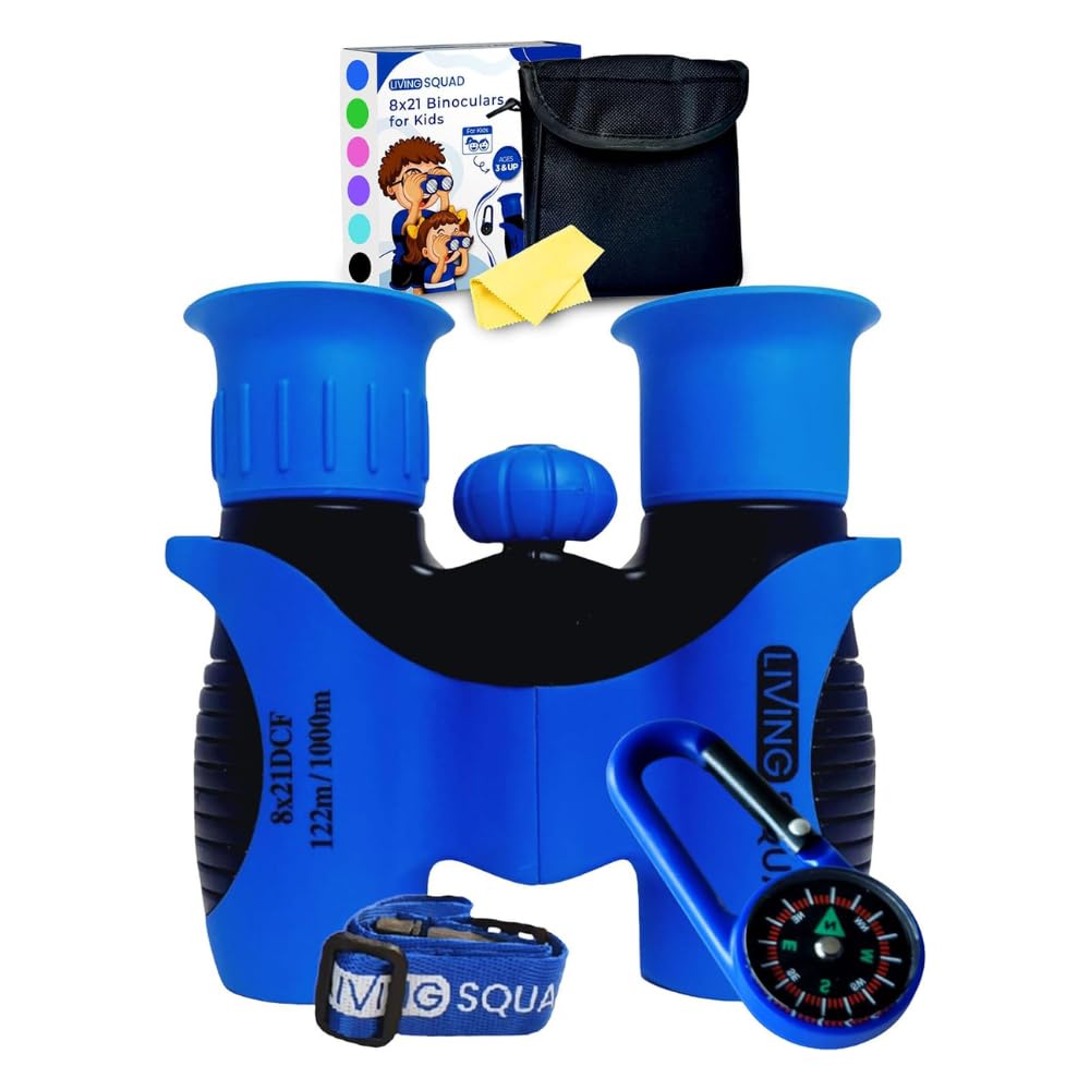 Living Squad Kids Blue Binoculars 8x21 - Kids Age 3-12, Shock Proof Compact Binoculars Set with High Resolution Optics Toys for Bird Watching, Stargazing, Hunting, Hiking, with Case, Neck Strap