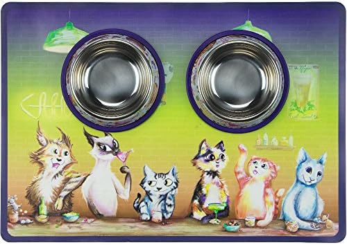 Weebo Pets3-in-1 Cat Food & Water Bowls with Mat Set - Cat Tales: The Regulars Premium 4 oz. Stainless Steel Dishes with Food-Grade Silicone Feeding/Litter Box Mat