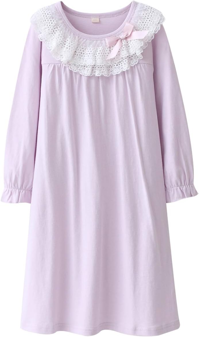 Kids Girls Cotton Lace Nightgown Long Sleeve Solid Sleepwear Top Dresses (4-5 Years/120cm, Pink&Purple)