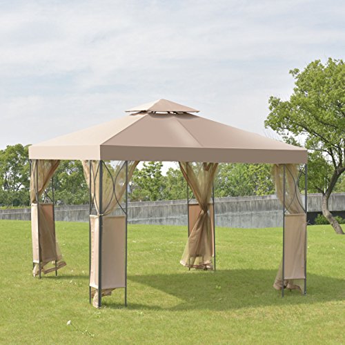 oldzon 2-Tier 10'x10' Gazebo Canopy Tent Shelter Awning Steel Patio Garden Brown Cover with Ebook