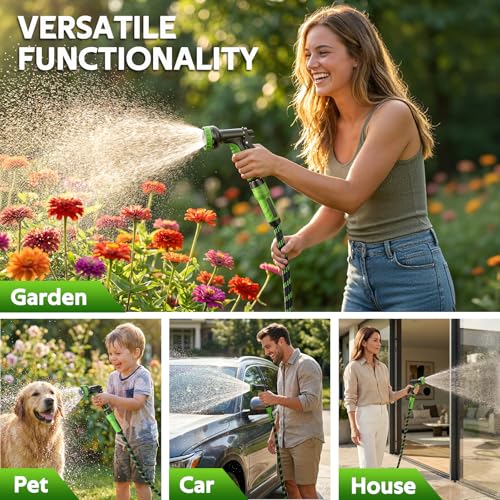 NON-EXPANDABLE Garden Hose 25 FT, Heavy Duty Steel Metal Flexible Water Hose with 10-Function Spray Nozzle, Durable Fabric Skin, No Kinks & Leak-Proof with Upgraded Handle