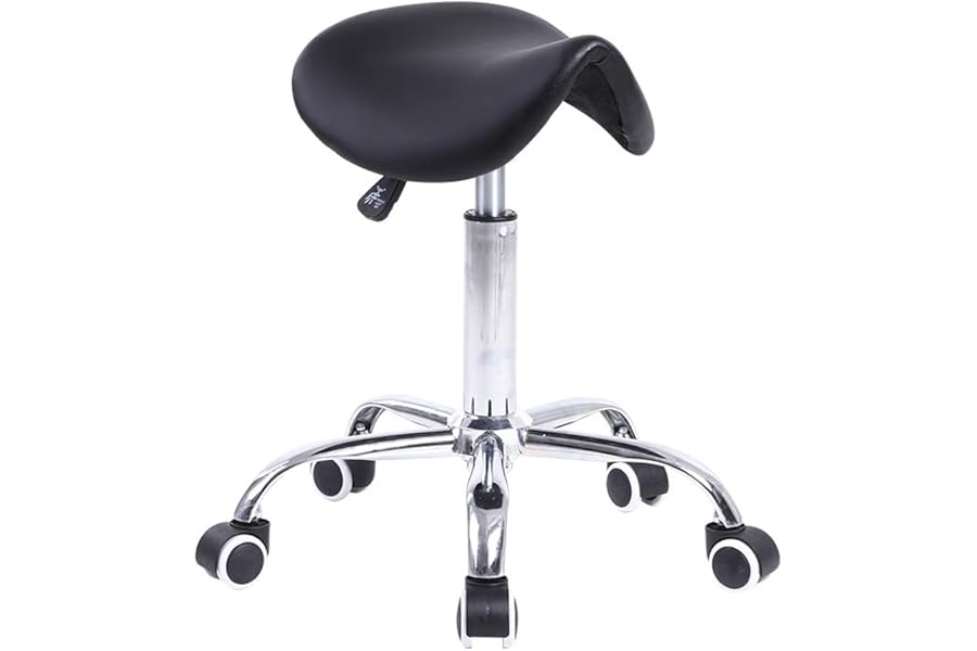 KKTONER Rolling Saddle Stool PU Leather Swivel Adjustable Rolling Stool with Wheels Salon Chair Black