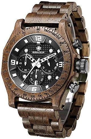 Wood Watches for Men Unique Hand-Made Men's Wrist Watch Chronograph Walnut Wood Band Luxury Business Quartz Wristwatch Waterproof Multifunction Date Watch Man SIHAIXIN A19G