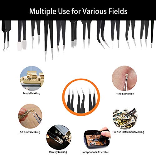 BOENFU Precision Craft ESD Tweezers Set 12 PCS, Includes Slant, Curved