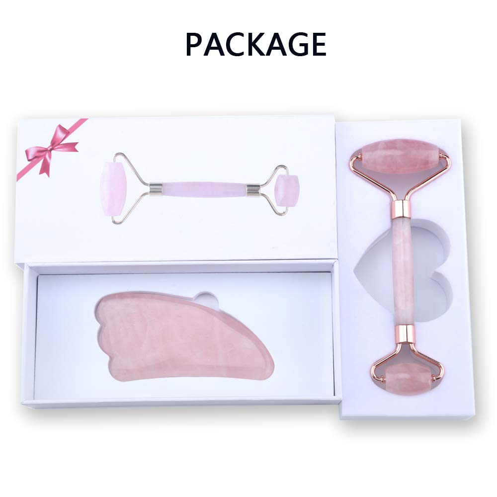 Jade Roller, Rose Quartz Roller and Gua Sha Tool, 100% Natural Jade Facial Roller Anti Aging Face Roller Massager